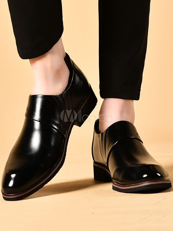 Black Dress Shoes Men's Pointed Toe Chunky Heel PU Metal Details Slip