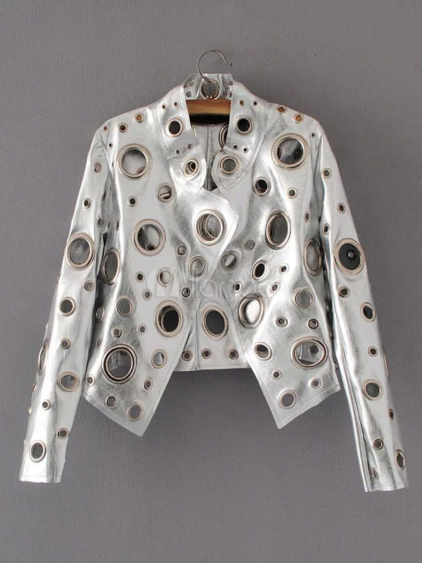 Silver Moto Jacket Women S Stand Collar Long Sleeve Cut Out Metallic Short Leather