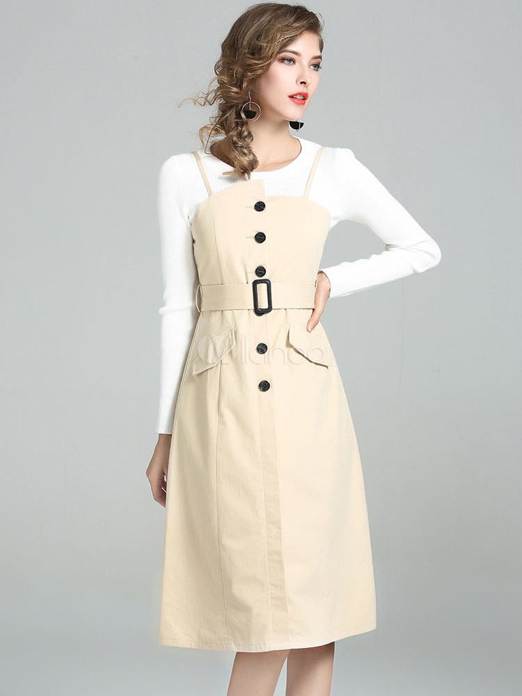 Khaki Skirt Set Women's Round Neck Long Sleeve Jumper Skirt With Top