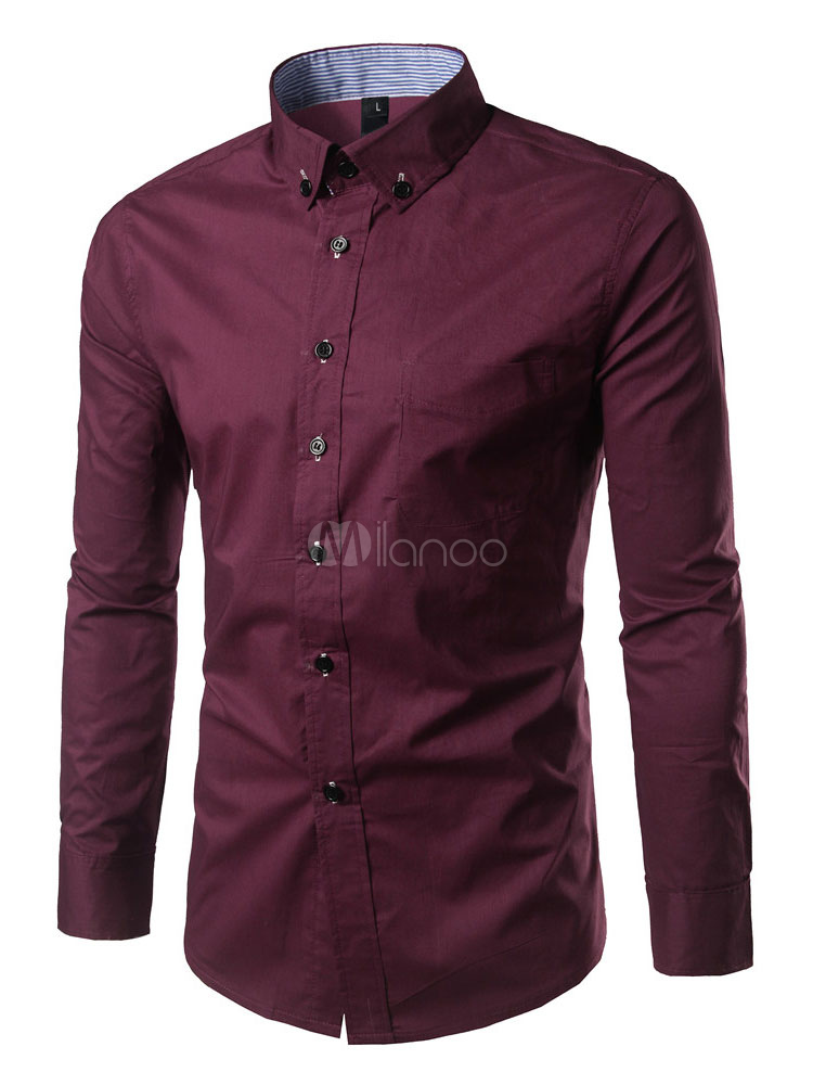 Burgundy Dress Shirts Men's Turndown Collar Long Sleeve Regular Fit ...