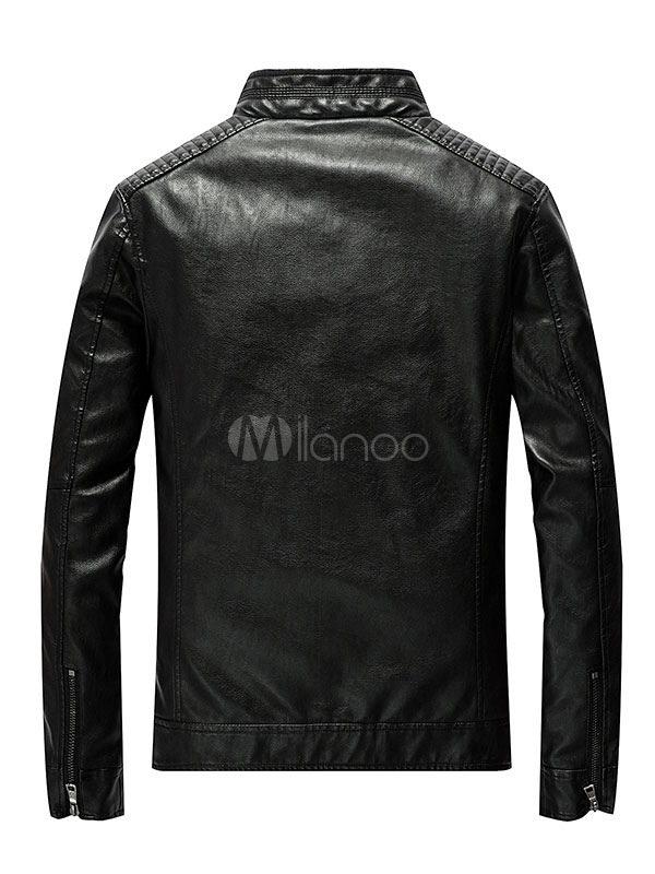 Brown Leather Jacket Stand Collar Zip Up Men Short Jacket