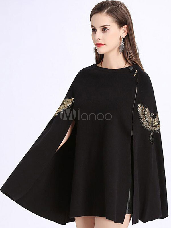 Women Wool Poncho Long Sleeve Half Zip Slit Embroidered Wrap Poncho ...