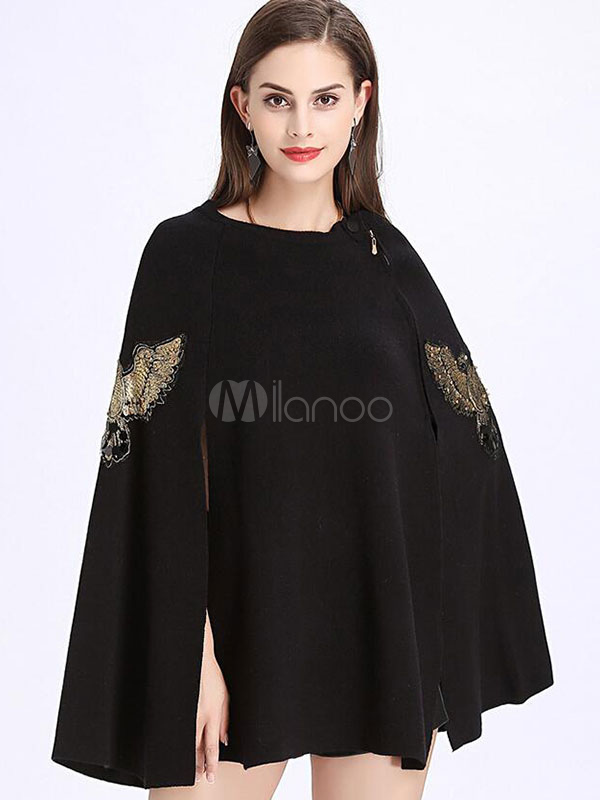 Women Wool Poncho Long Sleeve Half Zip Slit Embroidered Wrap Poncho ...