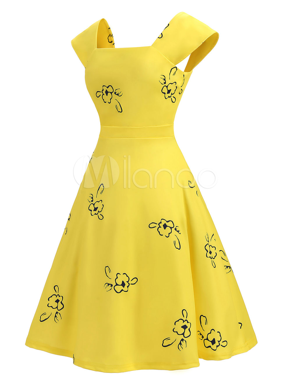 Yellow Vintage Dress Square Neck Sleeveless Printed Pleated Dresses For