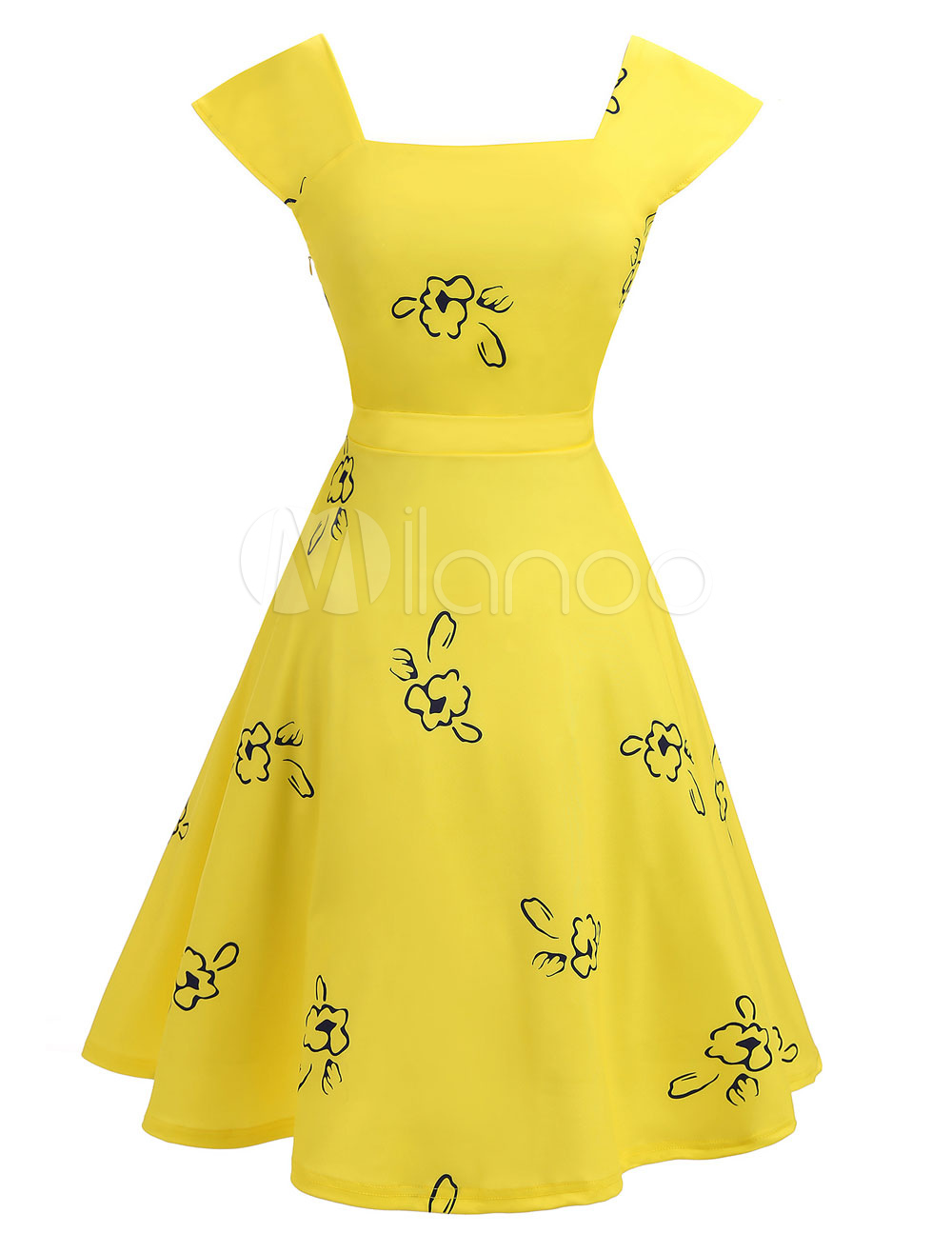 Yellow Vintage Dress Square Neck Sleeveless Printed Pleated Dresses For