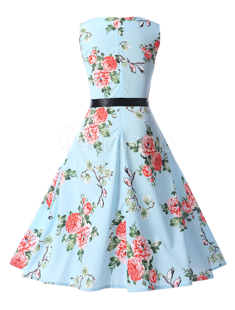 Women's Retro Dress Brocade Ribbon Sash Floral Print Sleeveless Light ...