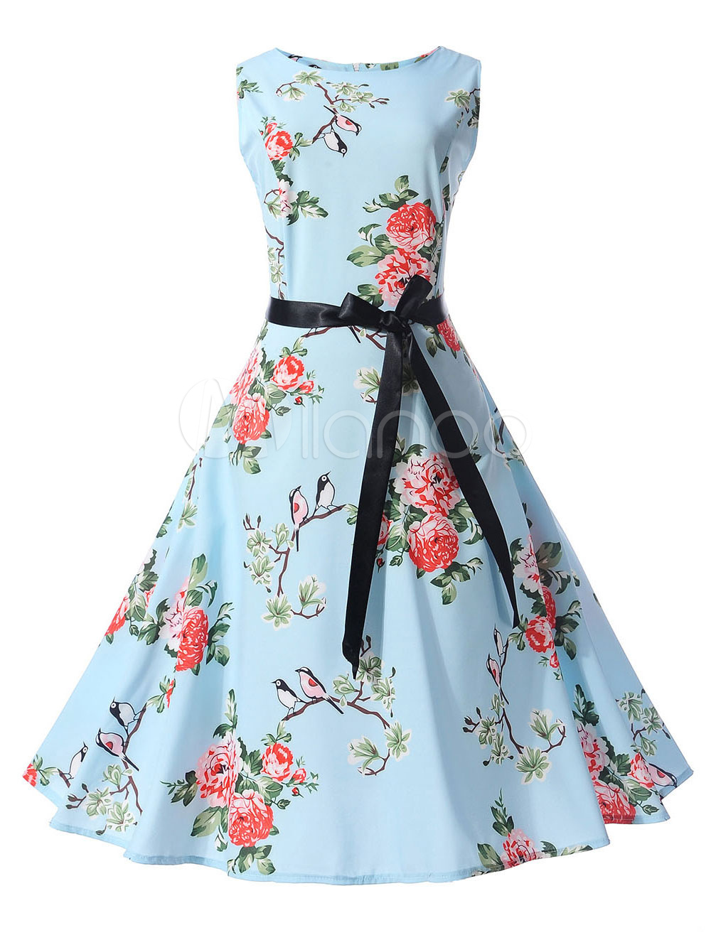 Women's Retro Dress Brocade Ribbon Sash Floral Print Sleeveless Light ...