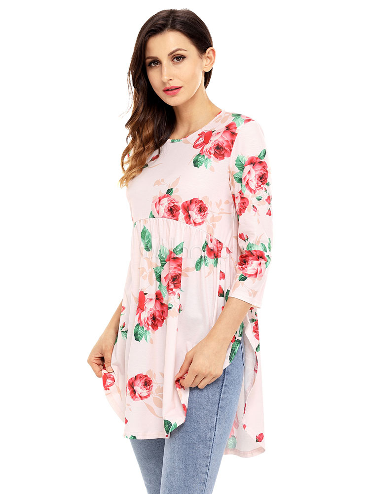 Women'S Blue & Pink Floral Print A-Line Top main image 0