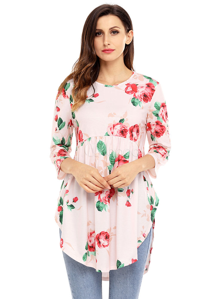 Soft Pink Blouses Round Neck Floral Print 3/4 Length Sleeve Top For ...
