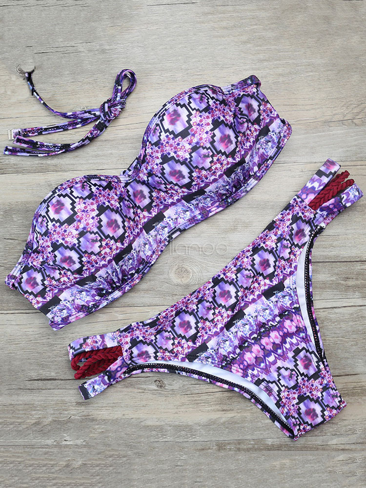 Purple Bikini Swimsuit Strapless Sleeveless Printed Strappy Two Piece