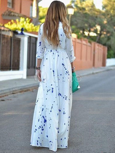 Long White Dress Polyester Long Sleeves Polka Dot Shirt Dress - Milanoo.com