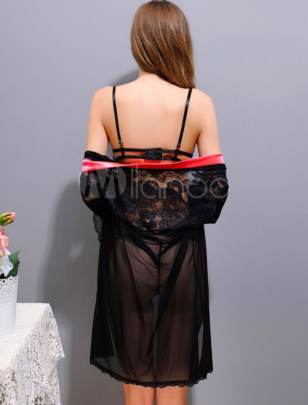 Sexy Gown Set Lace Open Front Cover Piping With Open Bust Bra And Panty Milanoo Com