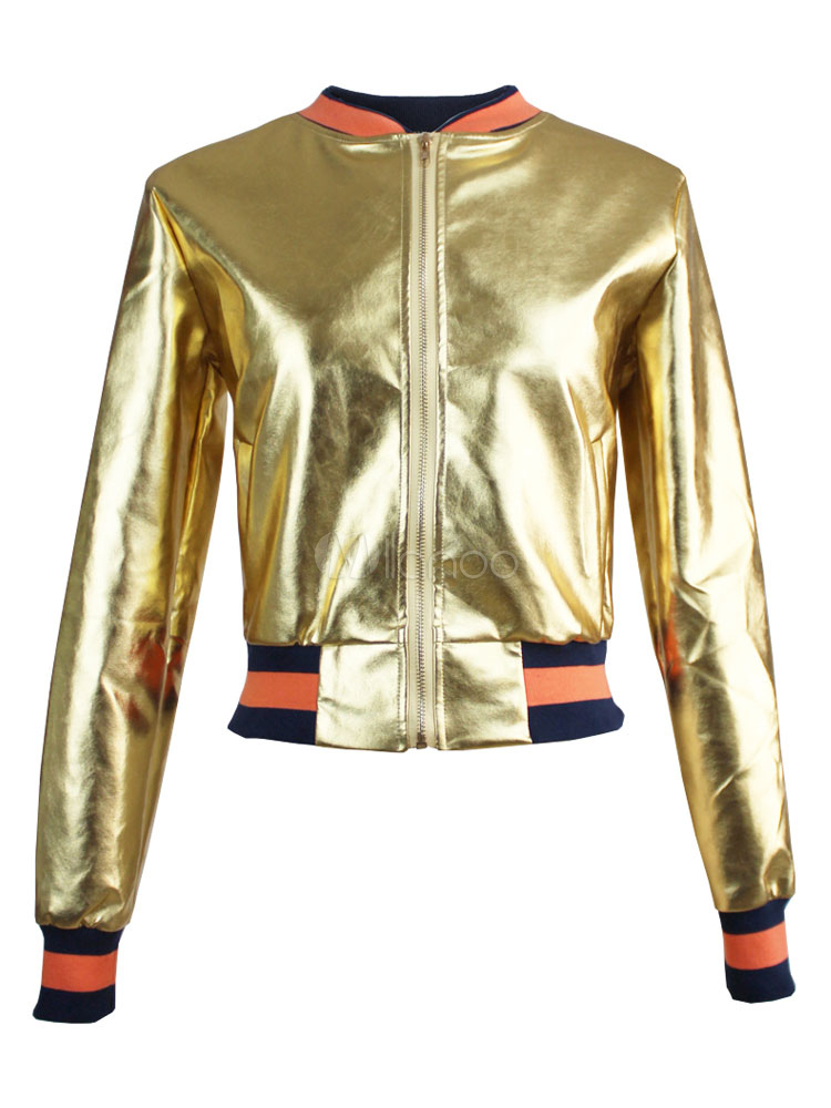 Gold Jacket Women's Round Neck Long Sleeve Metallic Short Jackets