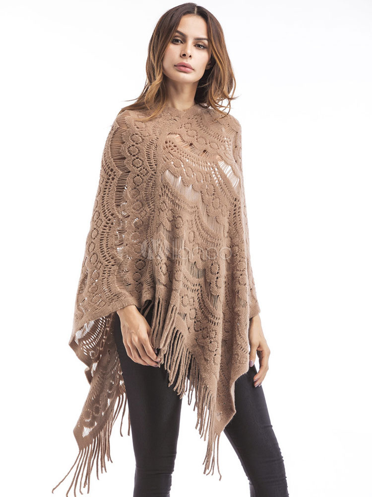 Women Wrap Poncho Fringed V Neck Long Sleeve Pleated Crochet Poncho ...