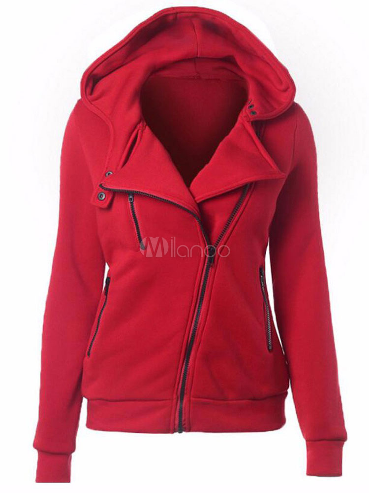 Red Casual Jacket Hooded Long Sleeve Zipper Women's Jackets