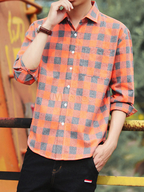 Men's Casual Shirts Orange Plaid Turndown Collar Long Sleeve Regular