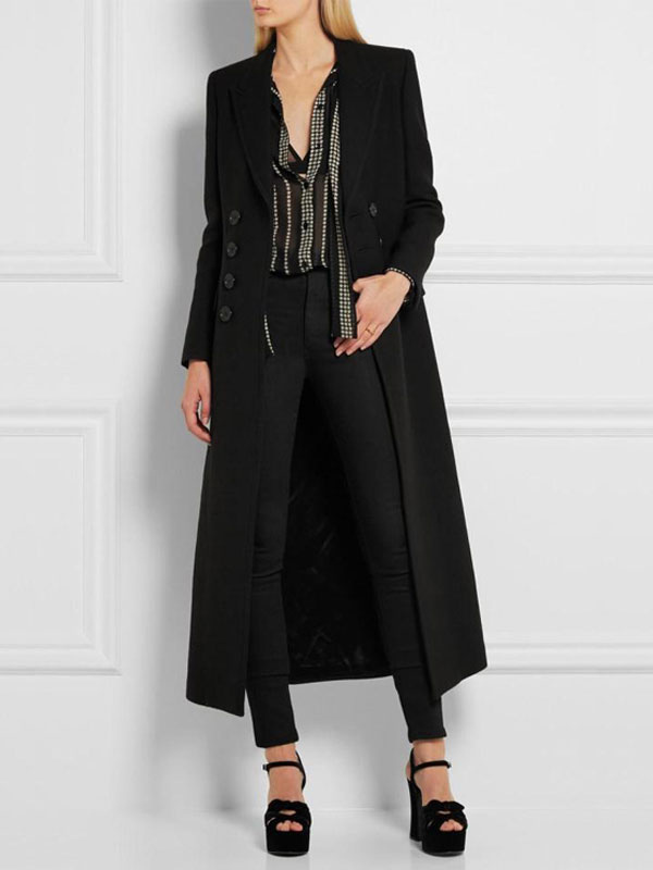 Women's Clothing Outerwear | Women Black Overcoat Long Sleeve Button Up Wool Black Peacoat - EC69184