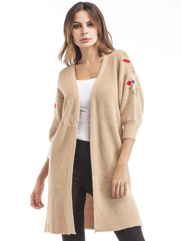 Olive Green Cardigan Women's Embroidered Split Casual Knit Wear