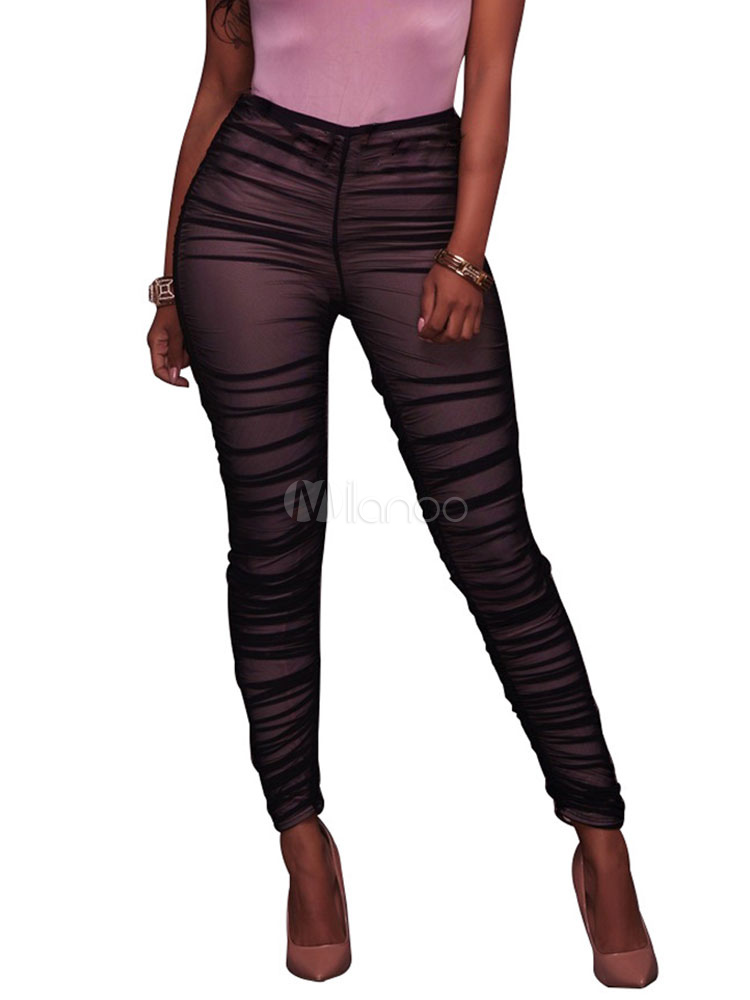 Black Skinny Leggings Tulle Sexy Ruched Long Pants For Women - Milanoo.com