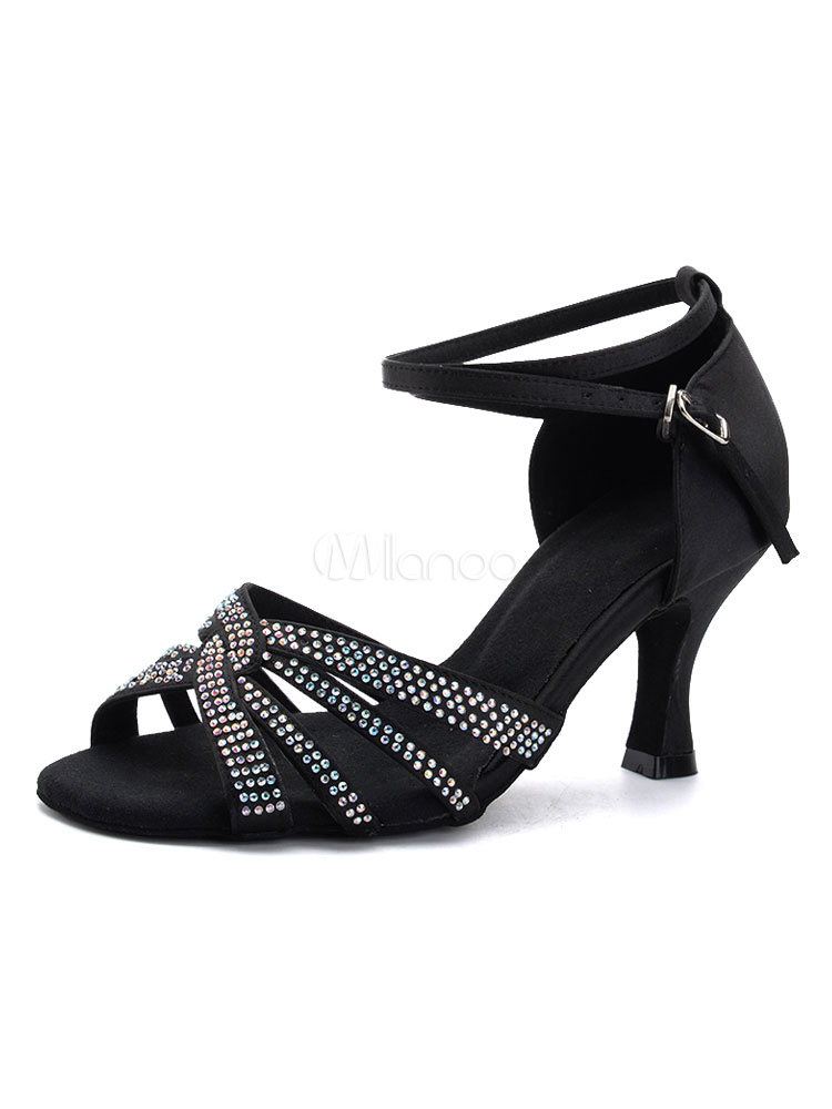 Red Dance Shoes Satin Open Toe Rhinestones Cut Out Ballroom Shoes For