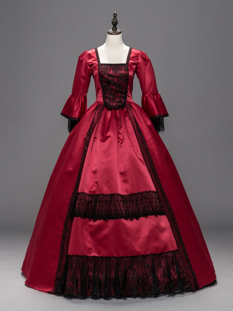 Victorian Dress Costume Women's Red Costume Lace Patchwork Ruffles Half ...