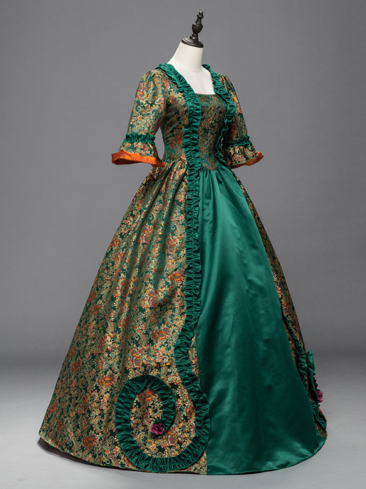 プリンセス 宮廷ドレス 女性用 貴族ドレス 中世 ドレス グリーン 五分袖 コットン サテン パーティー ドレス バロック風 中世 ドレス