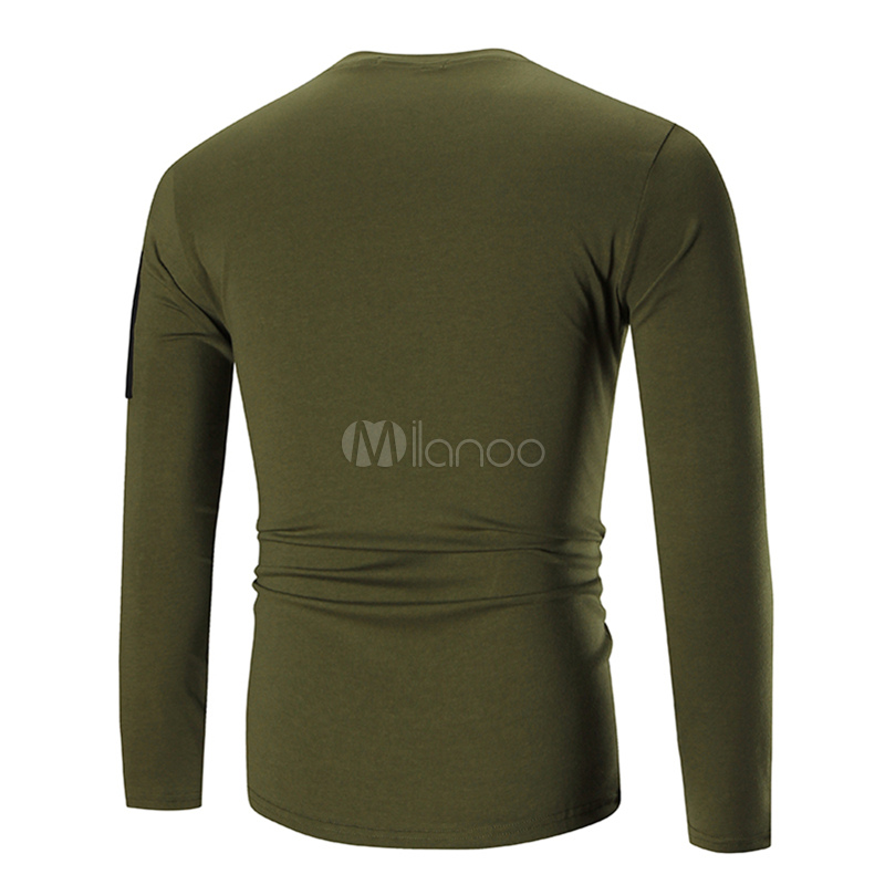 Hunter Green T Shirt Round Neck Long Sleeve Tee Shirt For Men - Milanoo.com