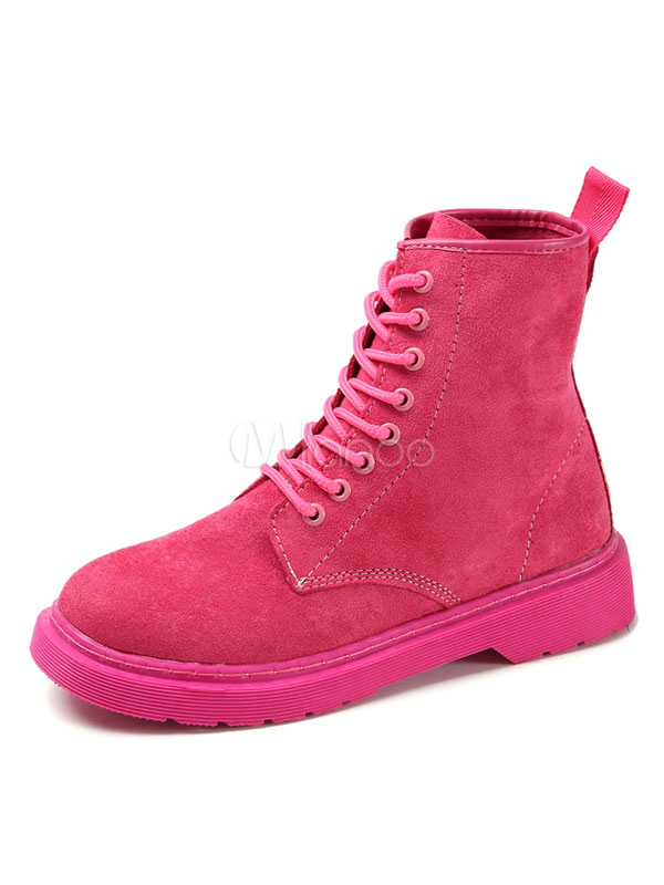 Pink Women's Booties Chunky Heel Round Toe Suede Lace Up Boots ...