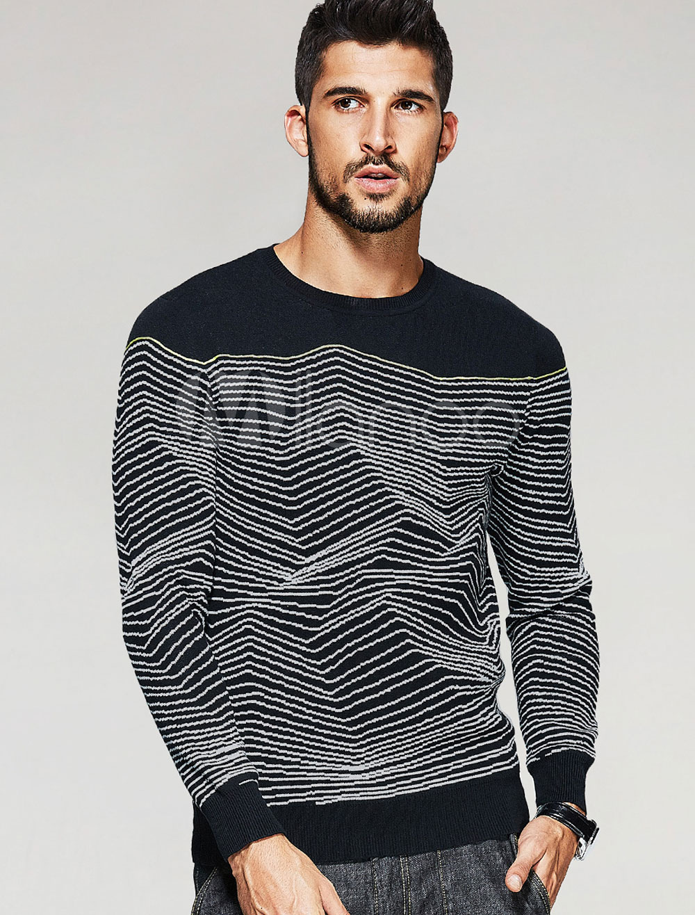 Black Pullover Sweater Striped Round Neck Long Sleeve Slim Fit Knit ...