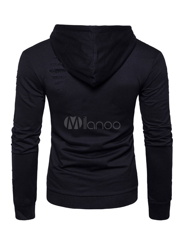 Men's Black Sweatshirts Hooded Long Sleeve Drawstring Ripped Zip Up