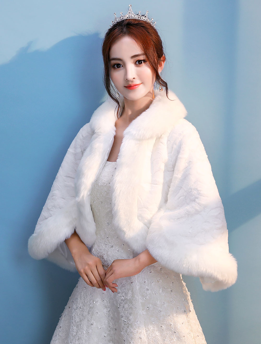 cream faux fur jacket wedding