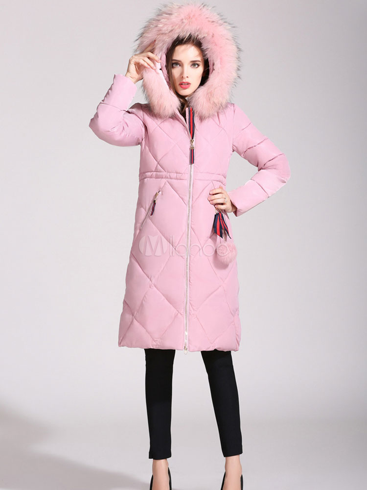 Pink Puffer Jacket Hooded Long Sleeve Faux Fur Collar Pom Poms Quilted ...