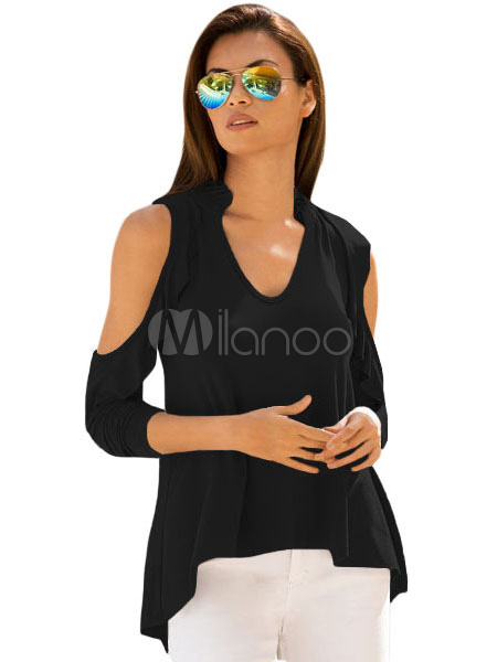 black v neck cold shoulder top