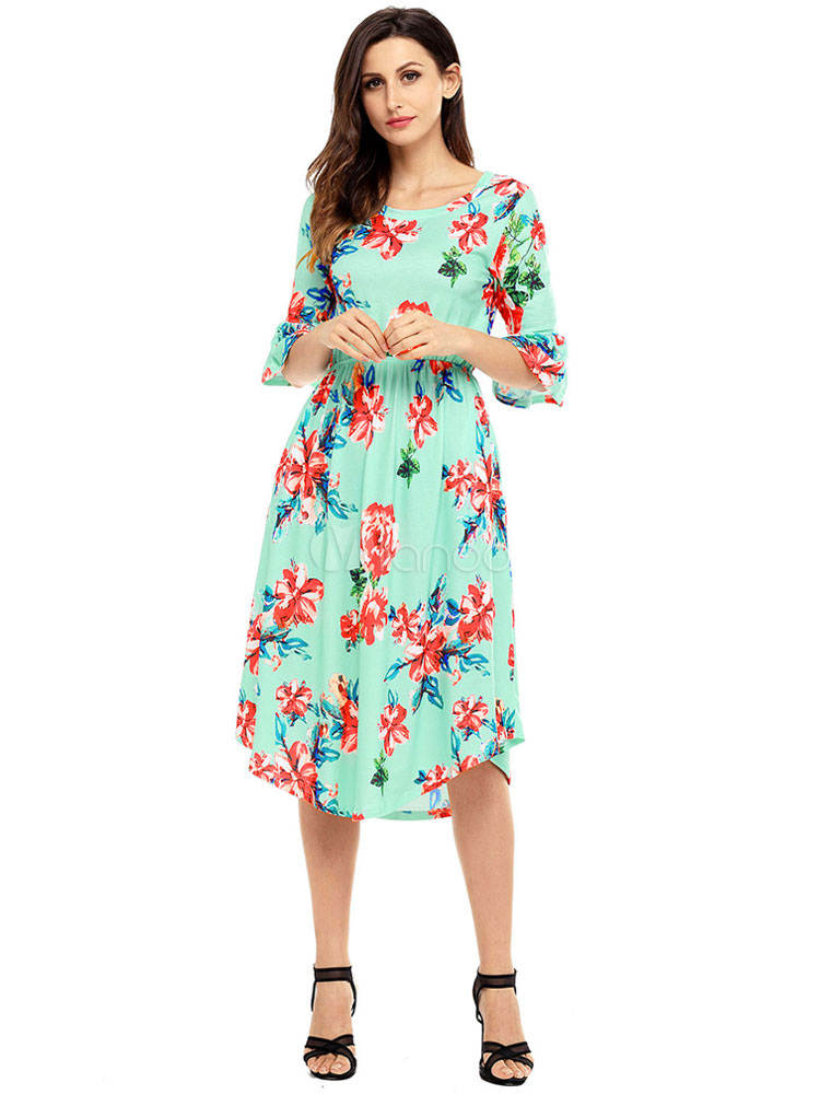 round neck floral printed bell sleeve skater dress