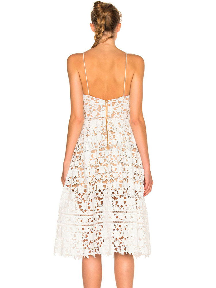White Lace Dress Straps Sleeveless Semi Sheer Backless