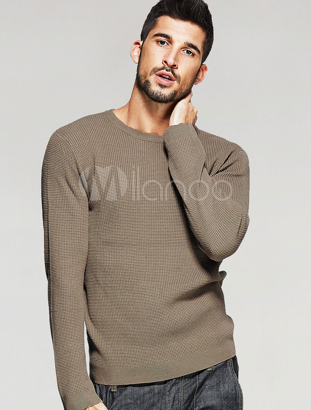Khaki Pullover Sweater Round Neck Long Sleeve Regular Fit Sweater For ...