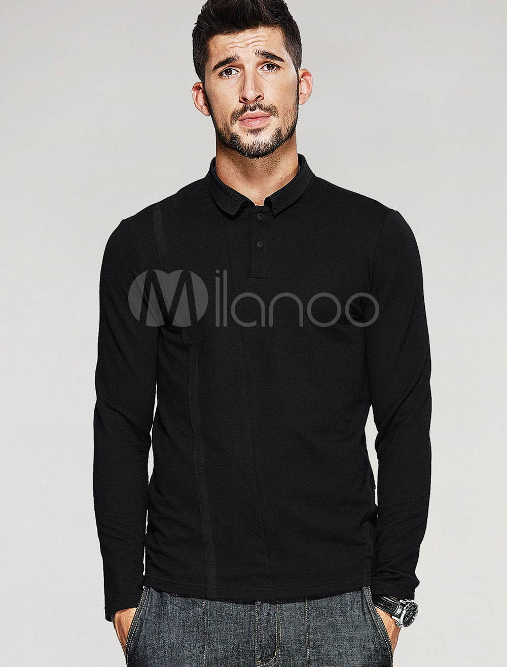 Black Polo Shirts Men's Turndown Collar Long Sleeve Slim Fit Cotton