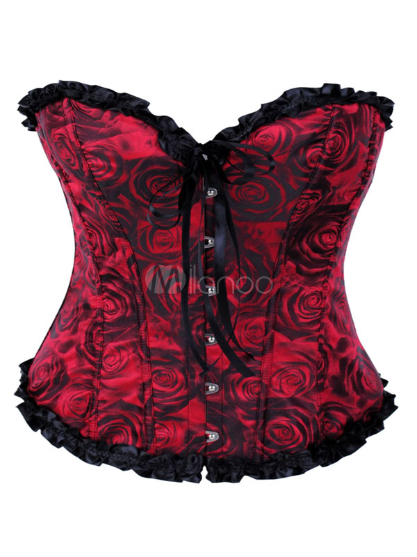 Red Corsets Set Sweetheart Neck Sleeveless Ruffles Rose Print Lace Up Sexy Corset With T Back 6003