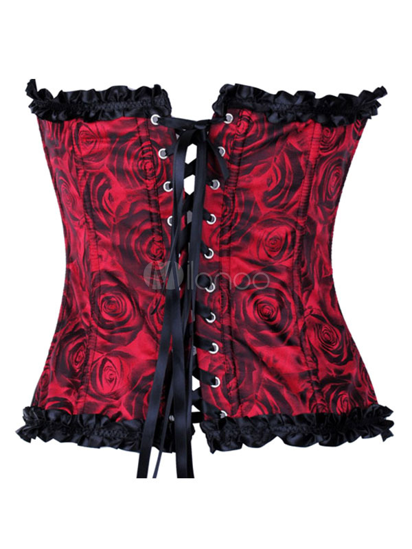 Red Corsets Set Sweetheart Neck Sleeveless Ruffles Rose Print Lace Up