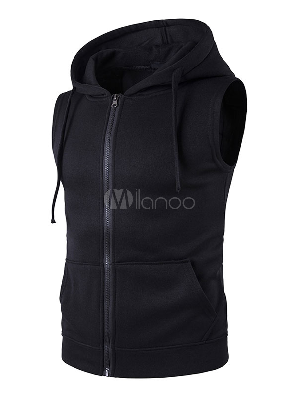 Men's Sleeveless Hoodies Grey Drawstring Zip Up Regular Fit Sweatshirt