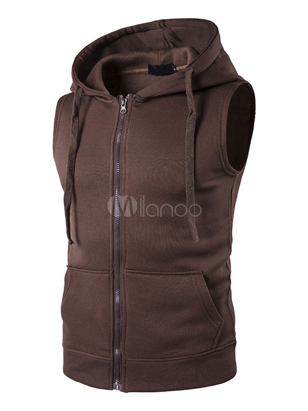 Men's Sleeveless Hoodies Grey Drawstring Zip Up Regular Fit Sweatshirt