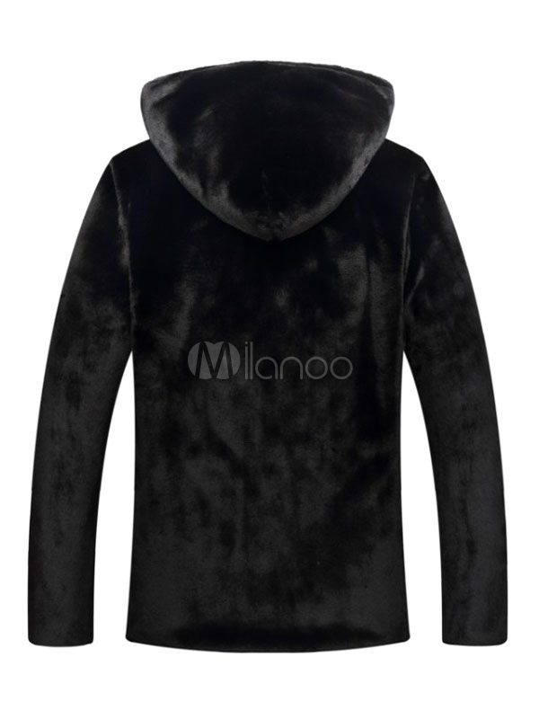 Faux Fur Coat Men's Black Hooded Long Sleeve Zip Up Short Coat