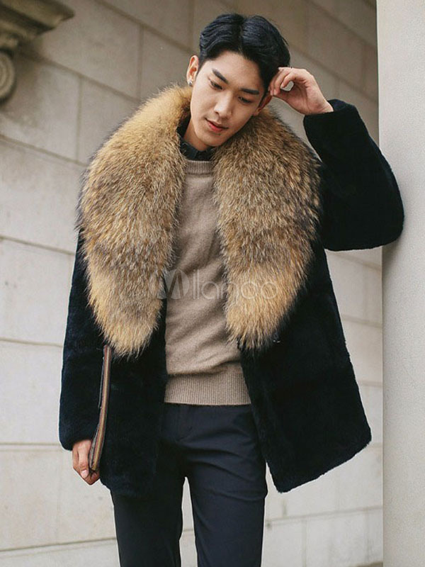 Faux Fur Coat Men's Turndown Collar Long Sleeve Regular Fit Short Coat ...