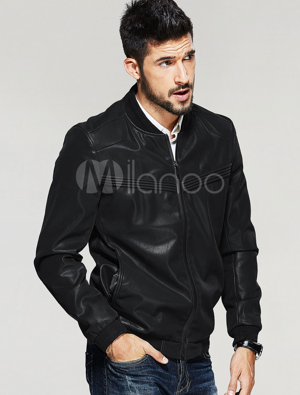 Black Leather Jackets Men's Stand Collar Long Sleeve Regular Fit Short Jacket