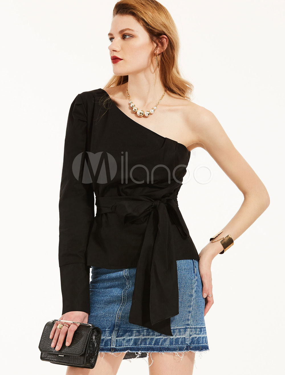 Blusa satén negra con escote a un solo hombro con manga larga Color con lazo estilo moderno - Milanoo.com
