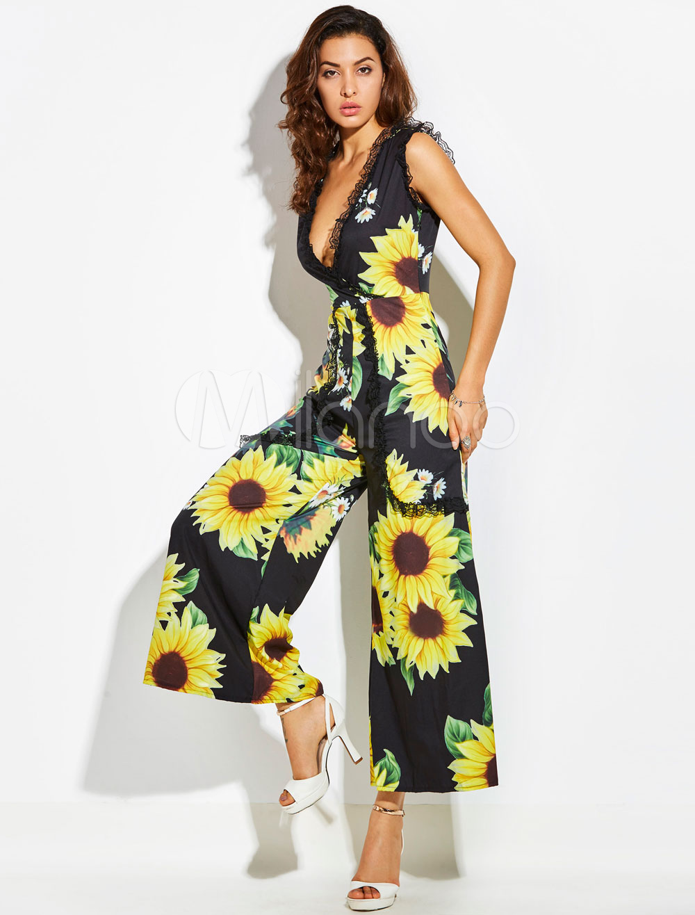 V Neck Printed Sleeveless Jumpsuits