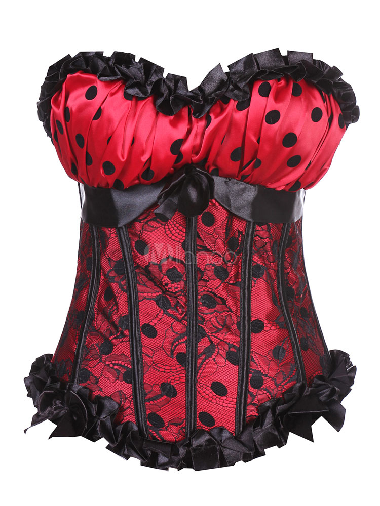 Red Corsets Set Sleeveless Lace Up Polka Dot Ruffles Bows Sweetheart Sexy Waist Trainer With T