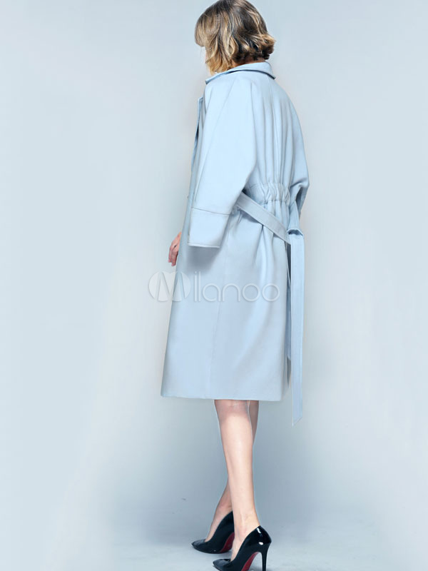 check long coat Notch Light Collar Coats Sleeve Long Blue Sky Wool Women's