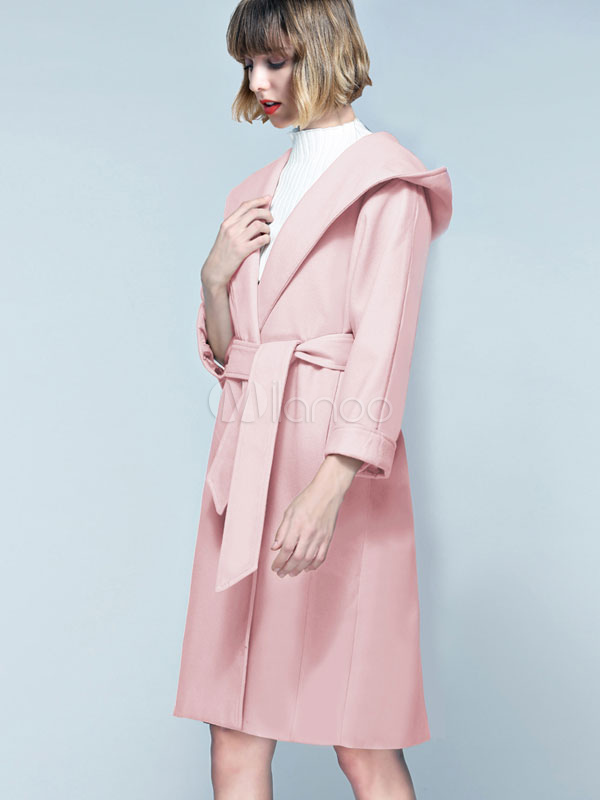 Pink Pea Coat Hooded Long Sleeve Split Women's Wool Winter Coats