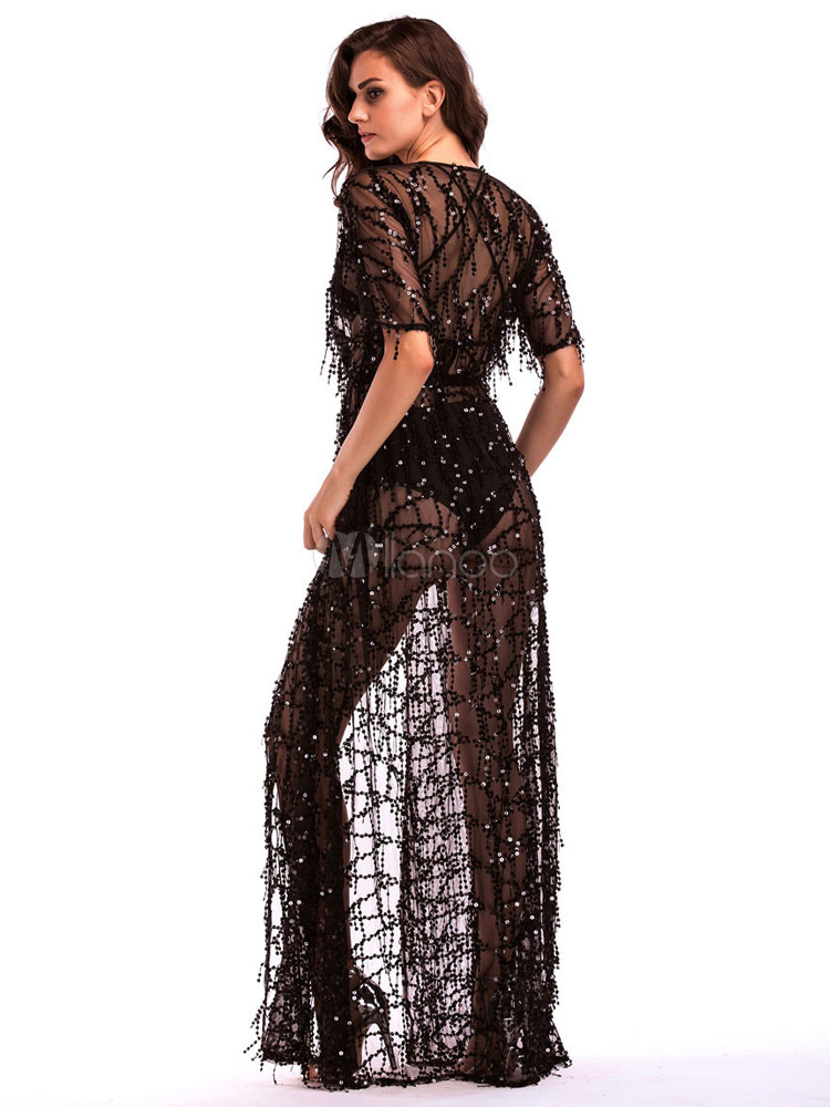 Black Cover Ups Short Sleeve Tulle Semi Sheer Sequins Maxi Dresses For ...